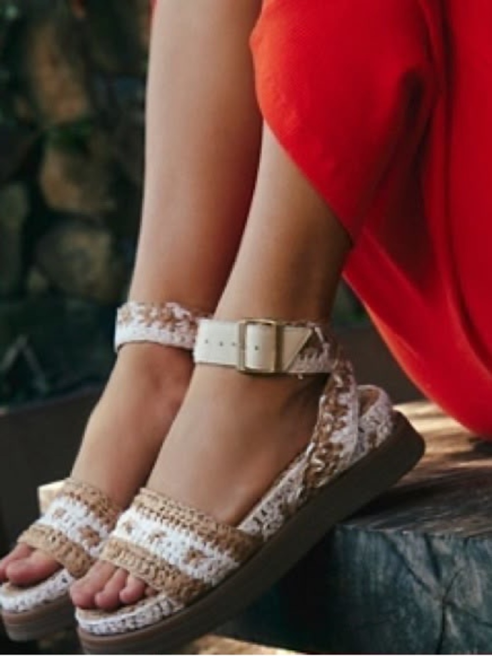 Free People Cream and Tan Woven Ankle-Strap Sandals with Gold Buckle